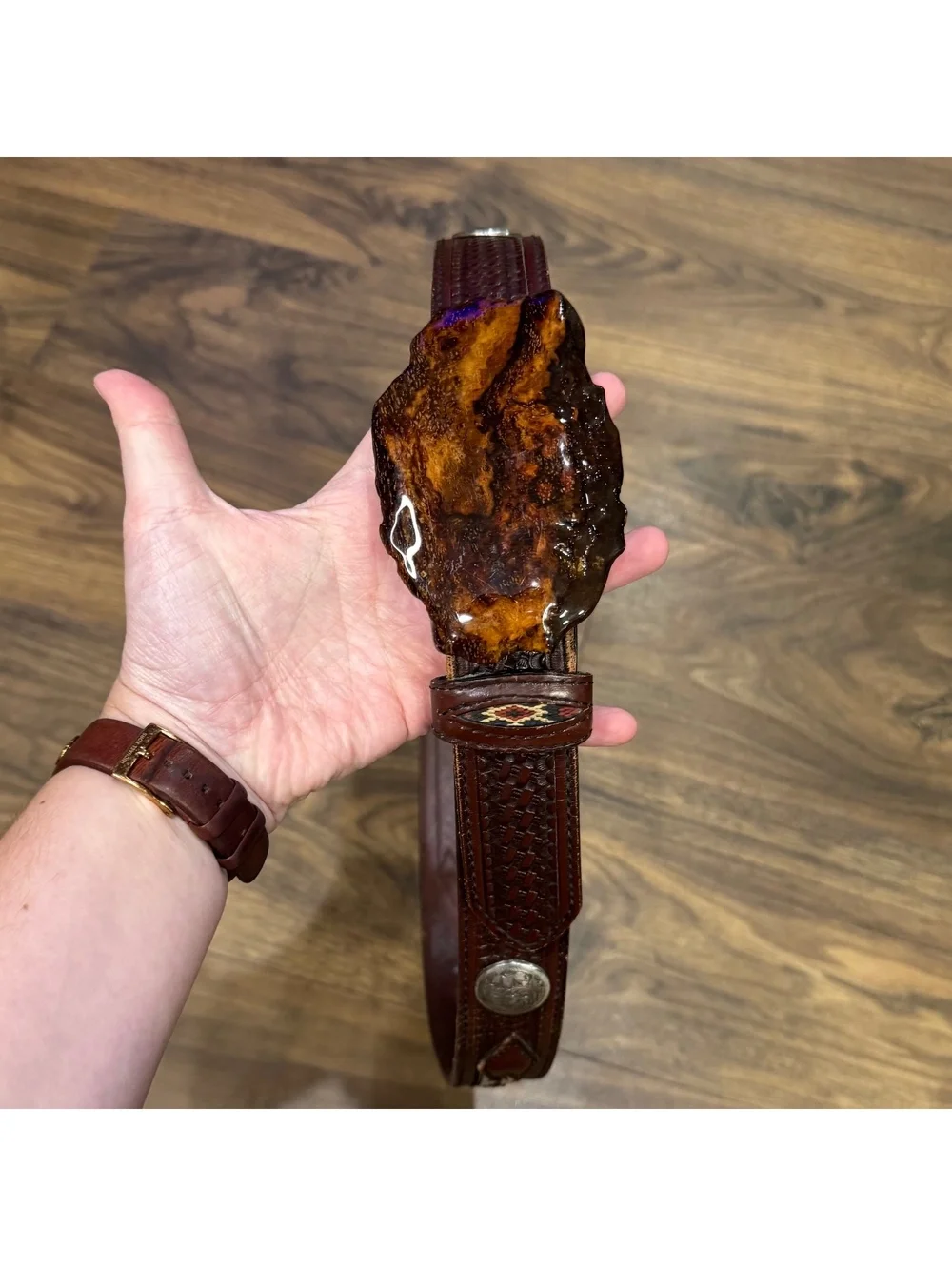 Vintage Wrangler Men’s Western Belt Size 40 Leather Aztec Inlay Statement Buckle